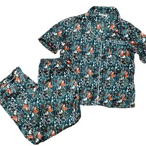 THEIR NIBS Women's Pajama Set L Green Shiny Forest Owl Floral Mushroom Butterfly